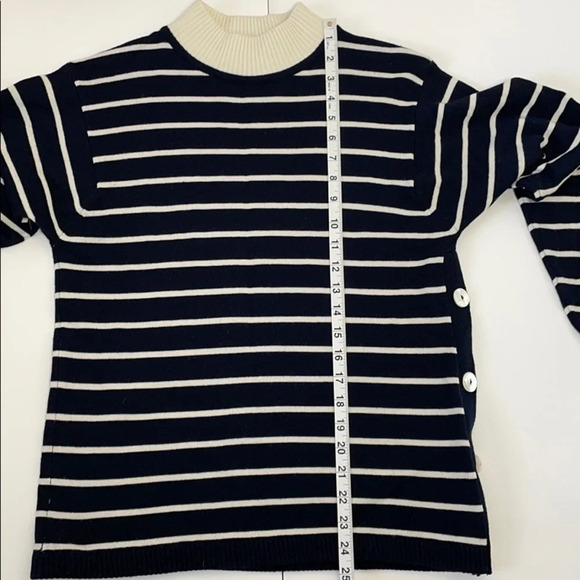 Liz Claiborne Wool Blend Navy Stripe Mock Neck Nautical Sweater SZ Petite Small - Picture 8 of 10